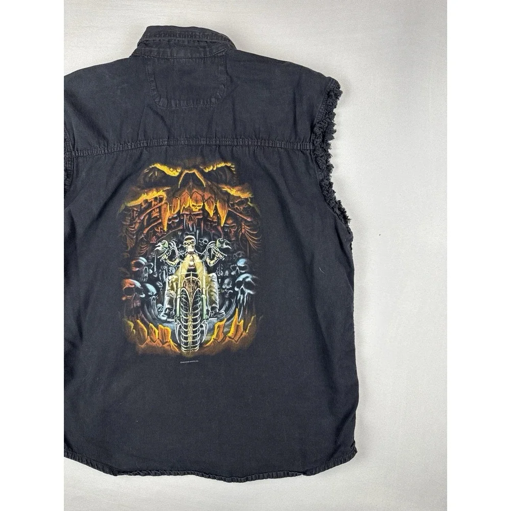 Y2K Bikers Edge Sleeveless Button Up Shirt Skulls Skeleton Motorcycle Flames L